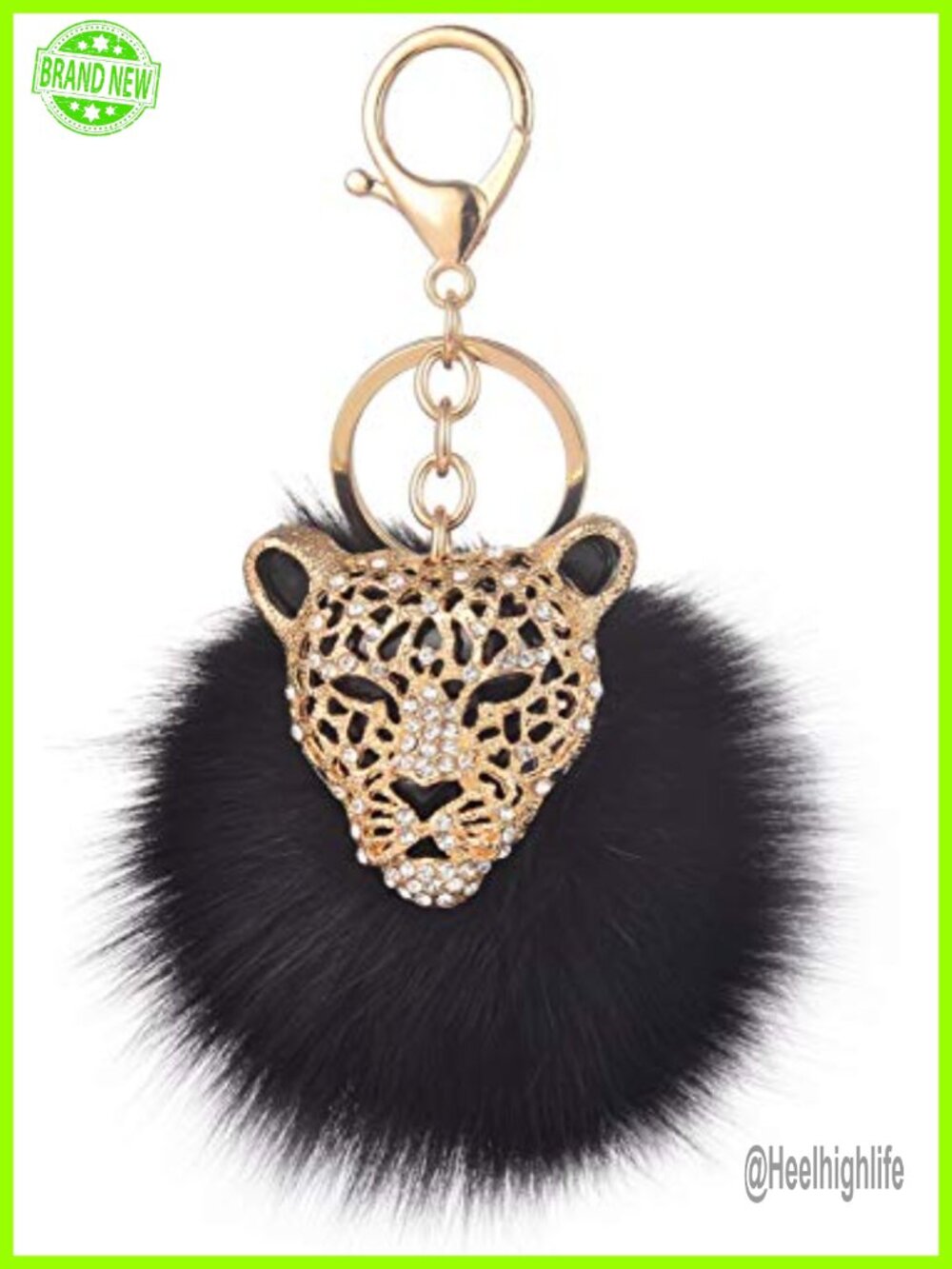 Gold Plated Fox Fur Pom Pom Bag Charm Keychain Leopard Pendant